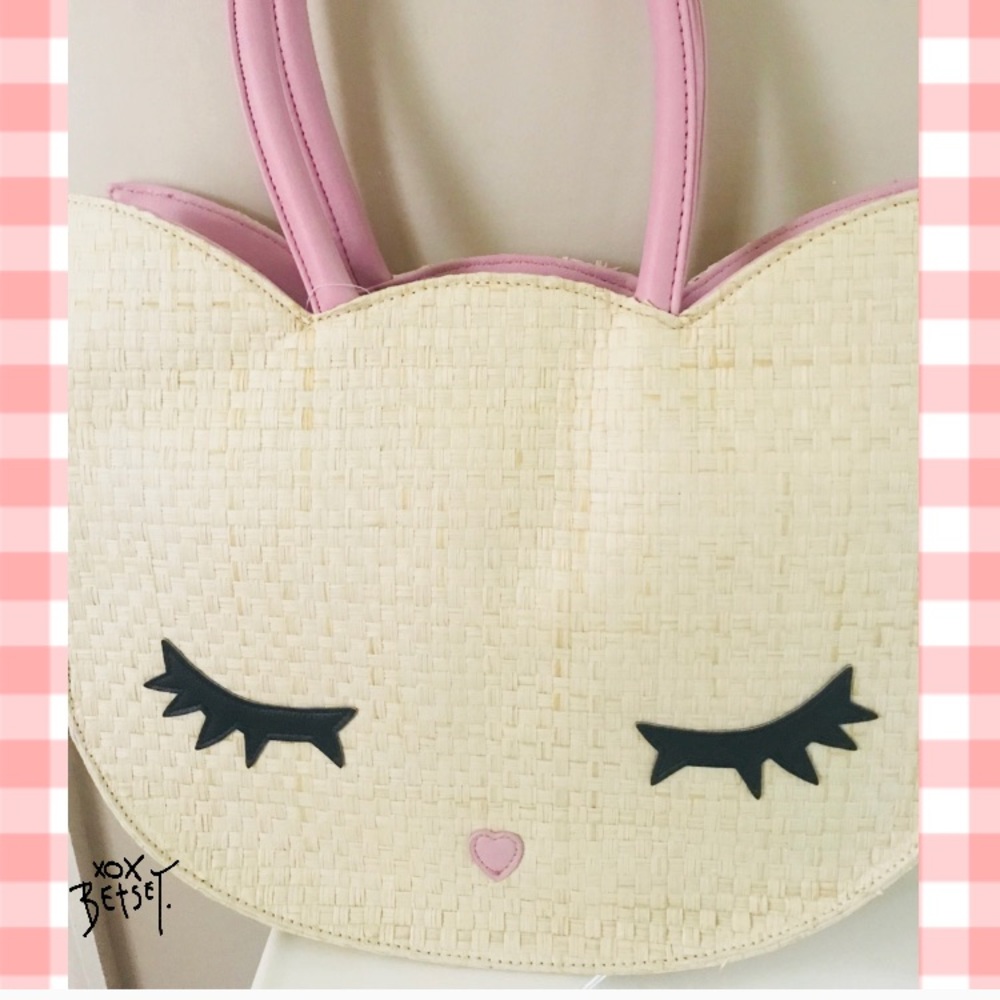Betsey Johnson Pink Cat Woven Straw Litch Tote - Picture 2 of 8